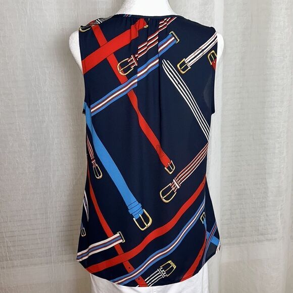 cabi S Agent Americana Navy Multicolored Belts Sleeveless Tie Front Blouse - Picture 4 of 13